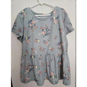* SWEET TEA’S Blue Green Floral Print Peplum Short Sleeved Top Ladies SMALL